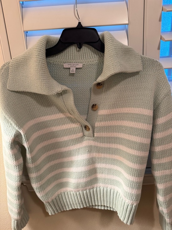 Ann Taylor Sweaters - Ann Taylor Mint Green and White Striped V‑Neck Button Sweater